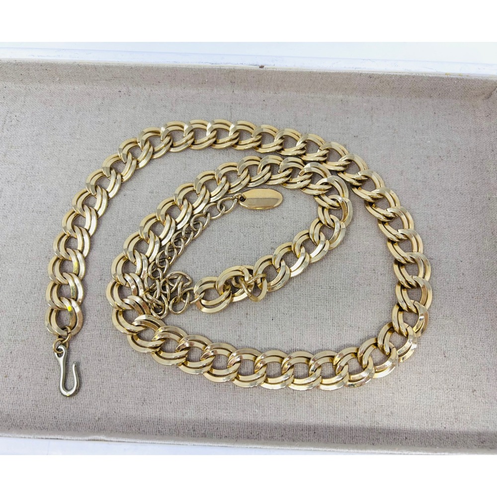 Vintage Gold Tone Chunky Double Curb Link Chain Belt Adjustable Hook Closure
